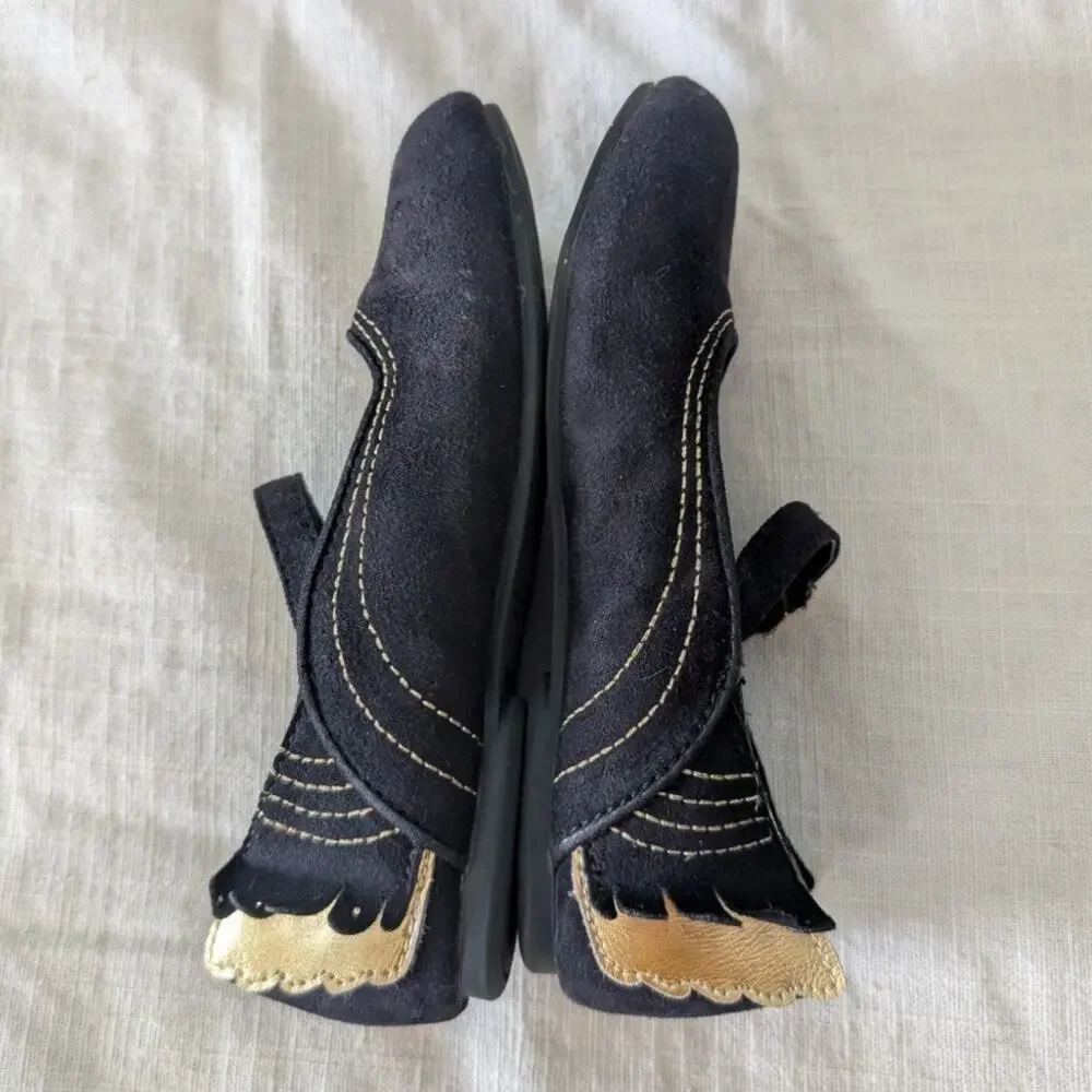 Cat & Jack Girls Black Gold Winged Mary Jane Flats Faux Suede size 9